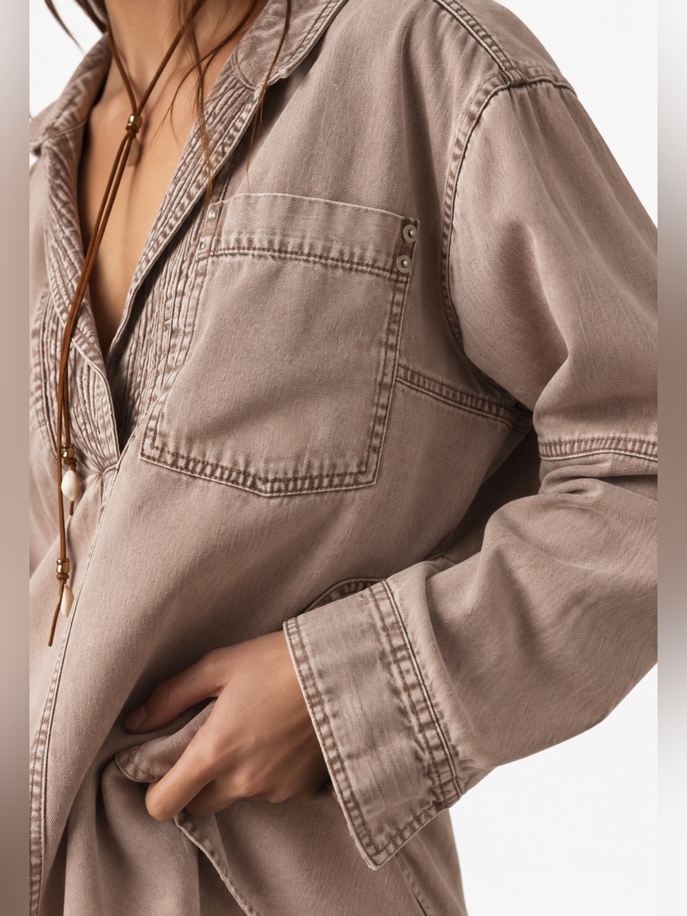 Free People We The Free Peyton Denim Pullover Oversized Henley Tunic - Picture 3 of 4